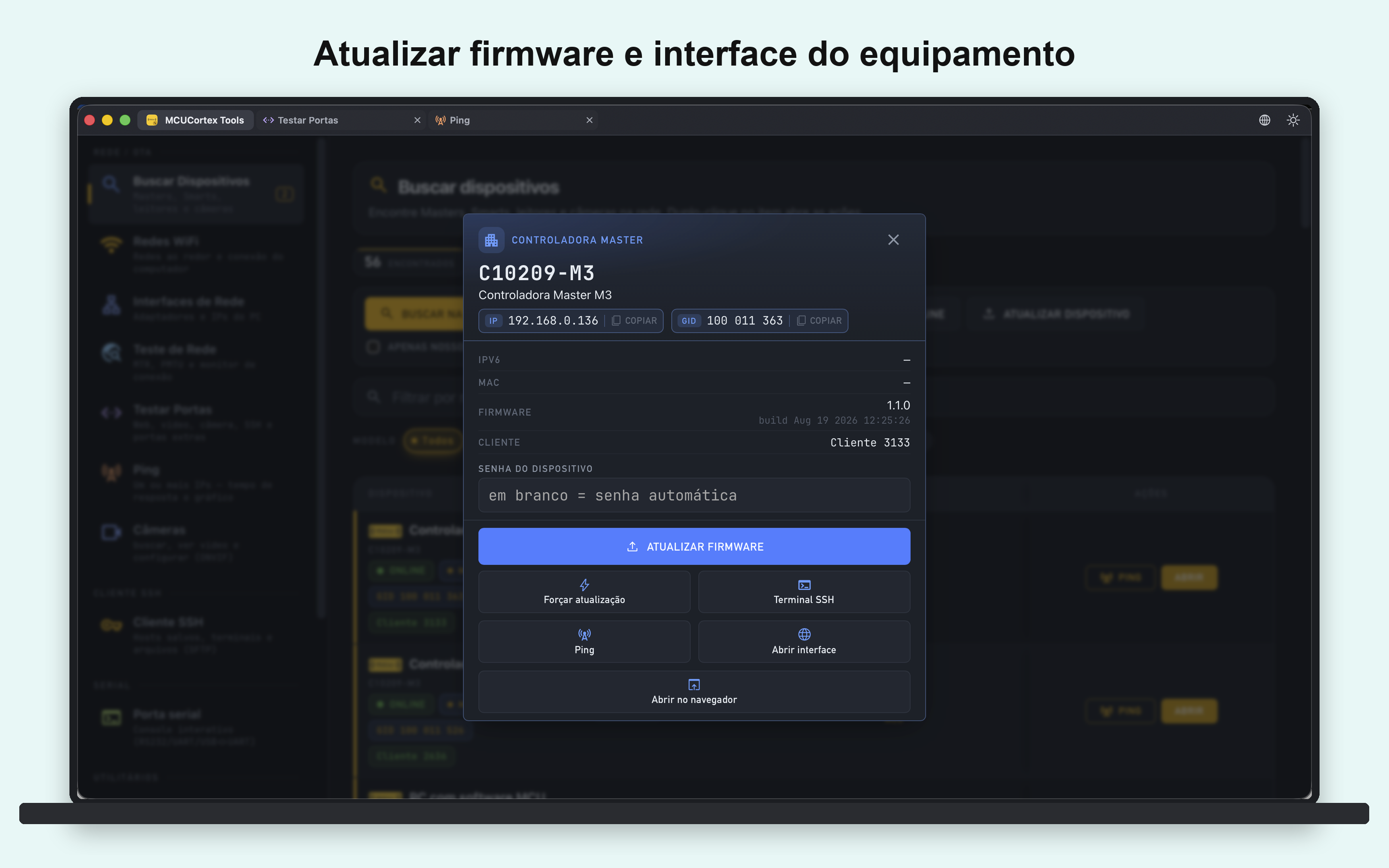 MCU Cortex Tools: ações no equipamento encontrado